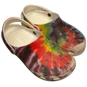 Crocs size J3 tie dye rainbow crocs - print worn on toes and touch spots